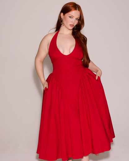 Halter Deep V Drop Waist Gathered Pleated Midi Dress
