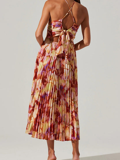 V-neck Camisoles Backless Graffiti Maxi Dresses