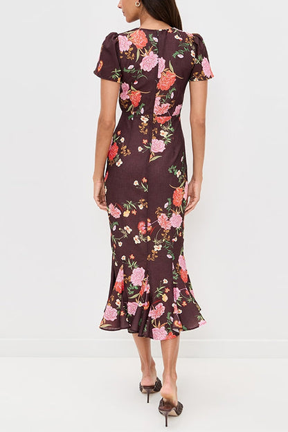 Crewneck Short Sleeves Floral Print Ruffle Hem Midi Dress