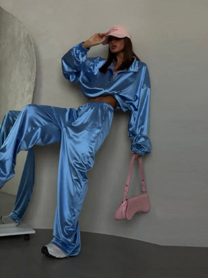 Zippered Loose Sweatshirt Jacket And Wide-Leg Pants Two-Piece Set
