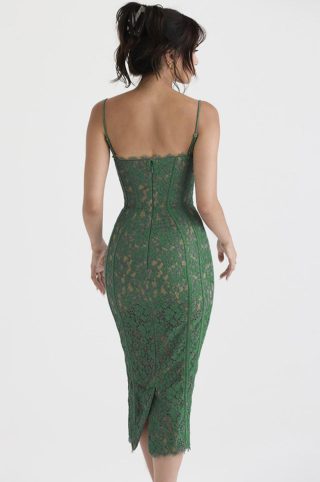 Corset Bodice Floral Lace Spaghetti Strap Scalloped Hem Midi Dress