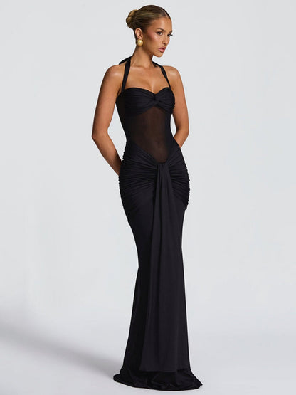 Neckband Lace Up Mesh Formal Dress Maxi Dresses