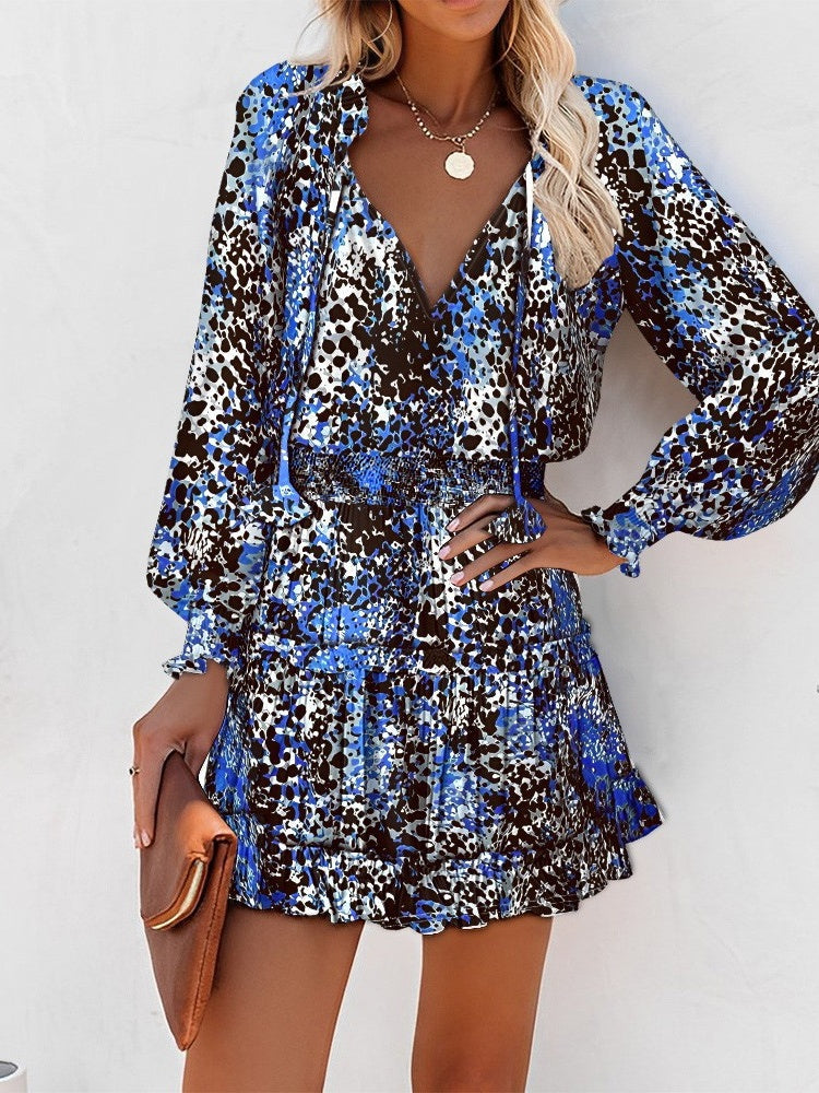 Long-sleeved V-neck Fashion Print Fitted Waist Short Dress
