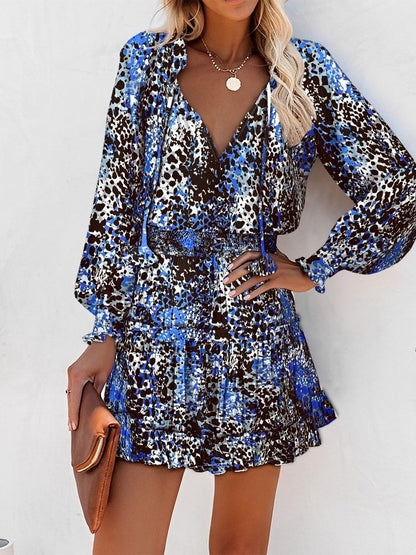 Long-sleeved V-neck Fashion Print Fitted Waist Short Dress