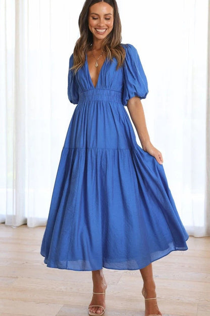 V Neck Puff Sleeve Smocked Empire Waist Tiered Midi Dress