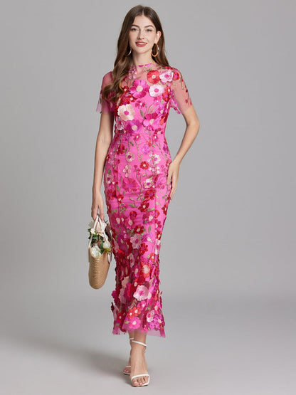Embroidered 3D Floral Fitted Waist Short-sleeved Long Dress