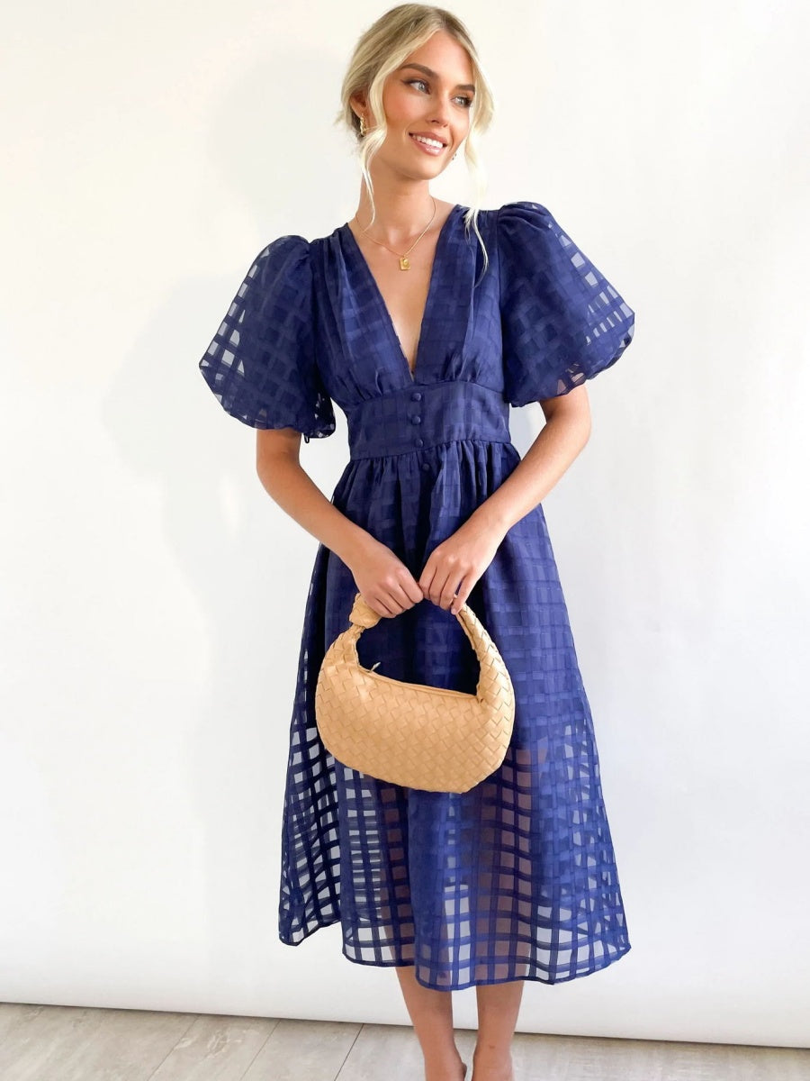Balloon Sleeve Color Hollow Temperament Midi Dresses