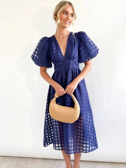 Balloon Sleeve Color Hollow Temperament Midi Dresses