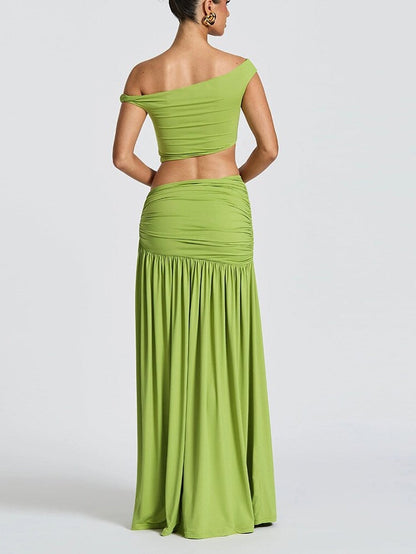 Off-shoulder Crop Top Tank Top And Fitted Side Slit Skirt Two-piece Set