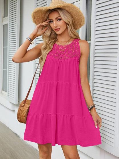 A-line Short Dress With Hollowed-out Lace Trim And Halter Neck