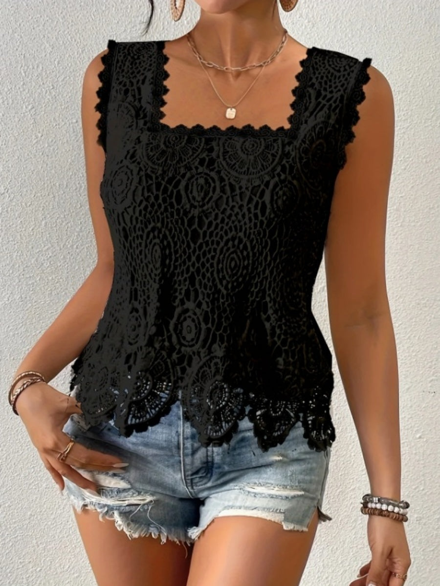 Square Neck Heavy-duty Crochet Openwork Flower Tank Top