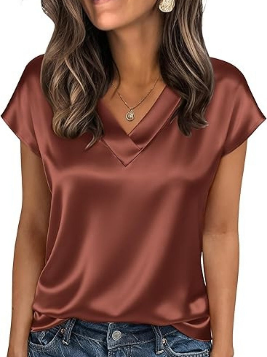 V-neck Satin Leisure Solid Color T-shirts