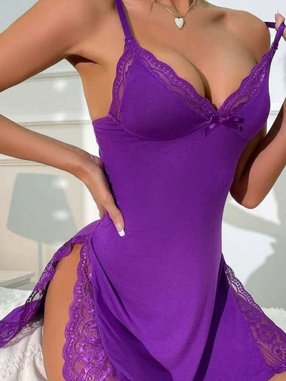 Lace-trimmed Slit Slip Dress Nightgown