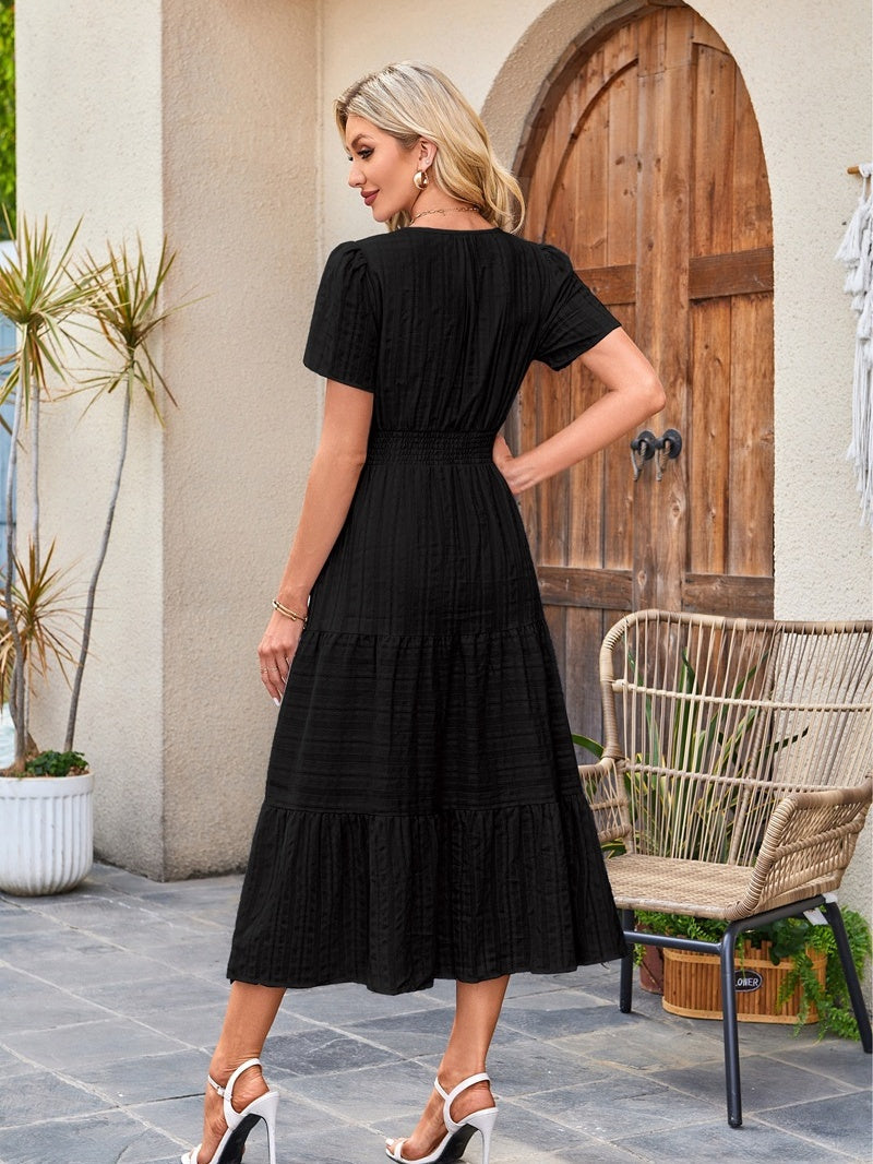 V-neck, Gathered, Puff Sleeve, Full Skirt, Short-sleeved Long Dress