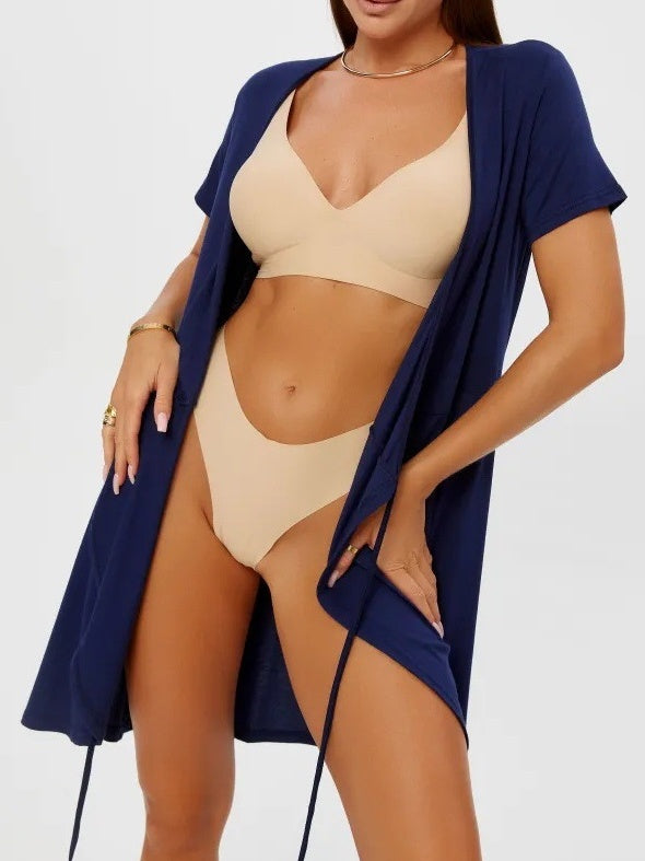 Short-sleeved V-neck Solid Color One-piece Short Dress