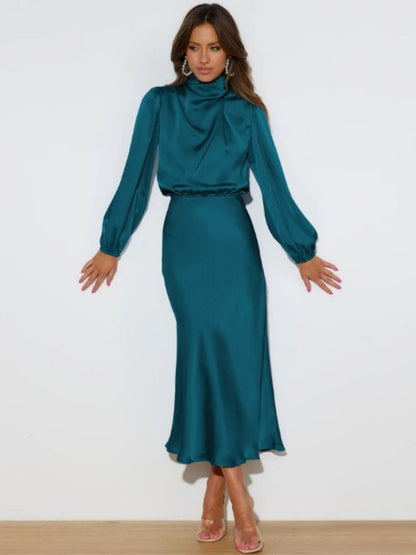 Satin Long Sleeve Zipper Solid Color Maxi Dresses