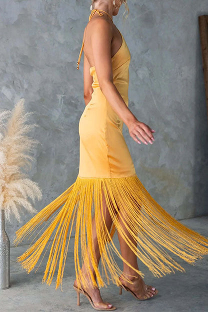 Margovil Halter Neck Patchwork Fringe Hem Satin Maxi Dress