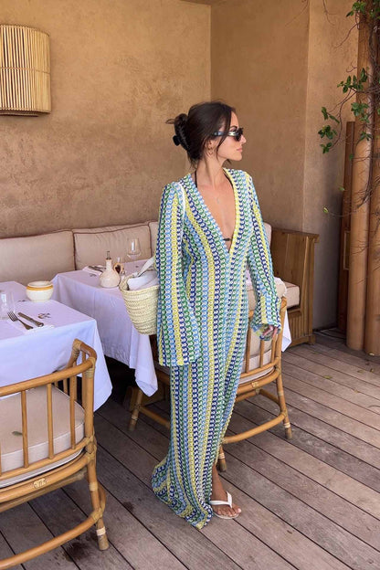 Scallop Circle Print Deep V-Neck Long Sleeve Front Slit Maxi Dress