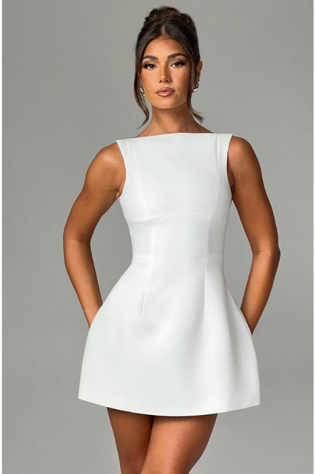 Boat Neck Sleeveless Fit-and-Flare Mini Dress