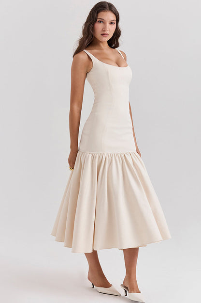 Scoop Neck Princess Seam Dropped Waist Flared Trumpet Midi Dress