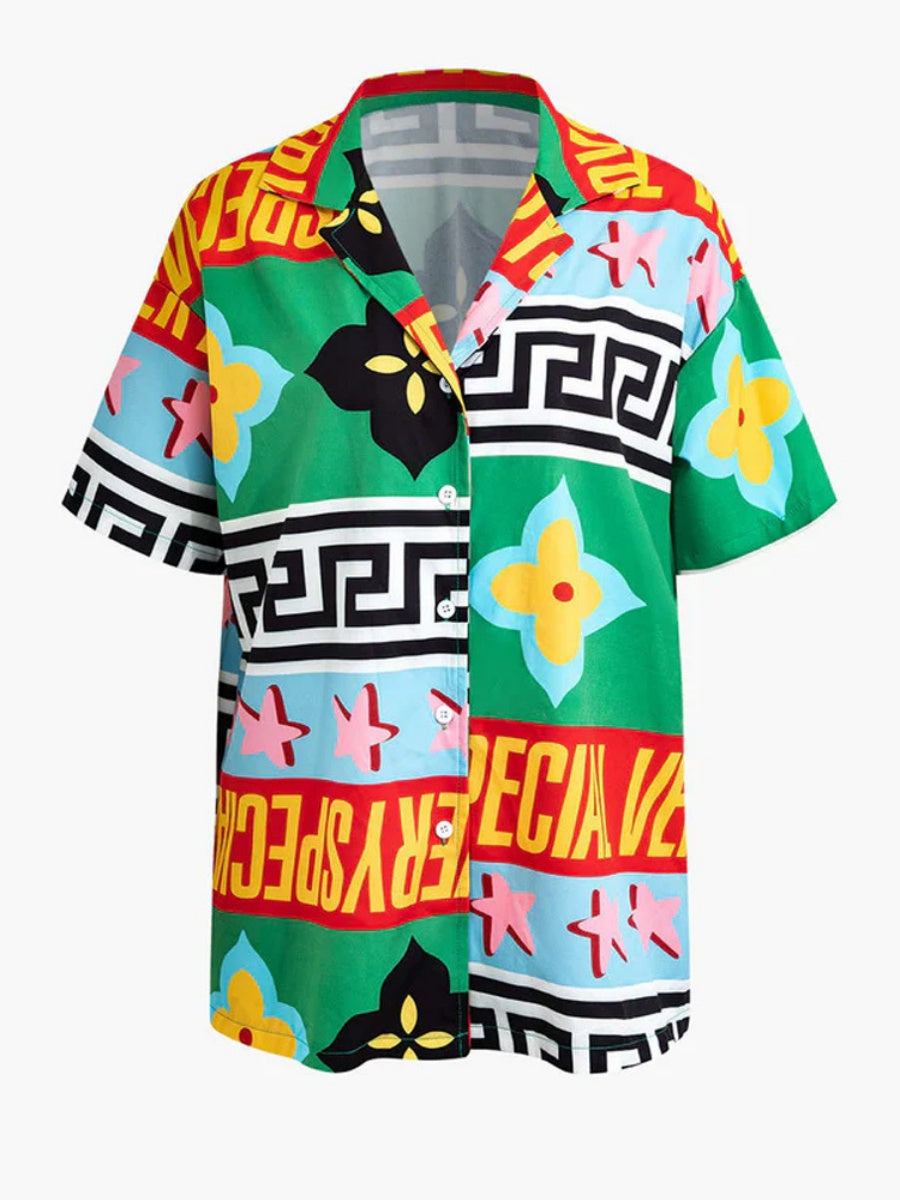 Printed Vacation Long-sleeved Shirt Pants Wide Leg Set 2-piece Sets