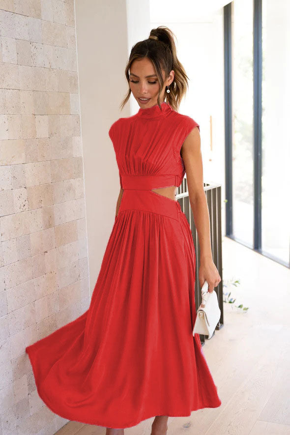 Mock Neck Ruched Bodice Waist Cut Out Flowy Midi Dress
