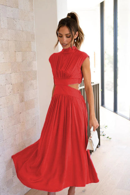 Mock Neck Ruched Bodice Waist Cut Out Flowy Midi Dress