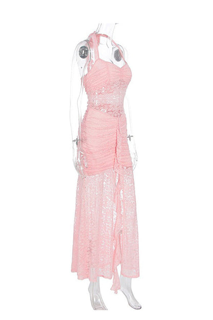 Halterneck Lace Patchwork Ruched Dress