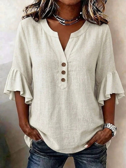 V-neck Solid Color Button Casual Ruffle Sleeve T-shirt