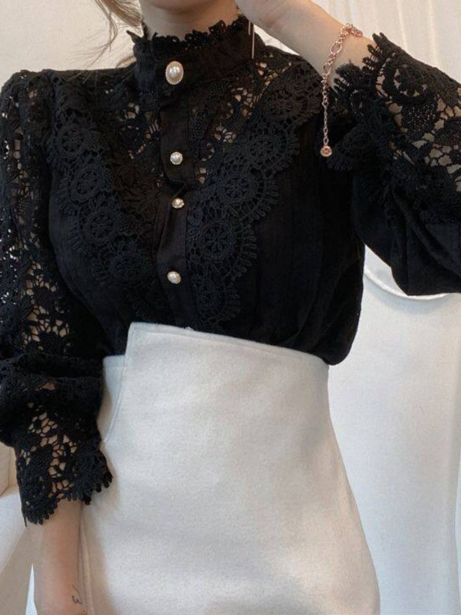 Button-up Lace Openwork Floral Patchwork Shirt