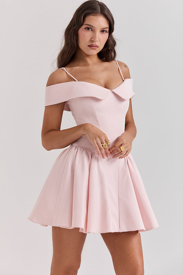 Off Shoulder Fold Over Collar Spaghetti Strap Pleated Fit and Flare Mini Dress