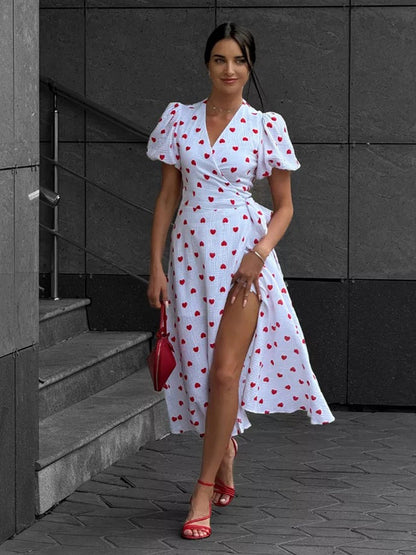 Pure Cotton Bandage Wrap-up Puff Sleeve Printed Comfort Maxi Dresses