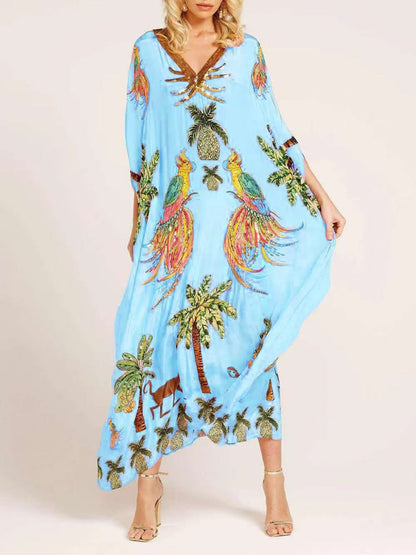 V-neck Floral Print Loose-fitting Long Dress
