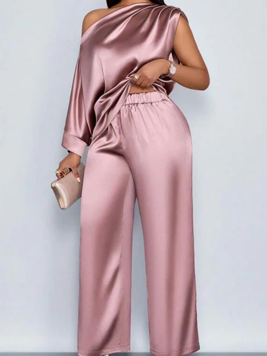 Satin Sloping Shoulders Short Sleeve Jacket Wide-leg Pants Set 2-piece Sets