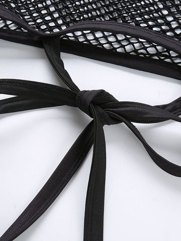 Black Round Neck Tie-up Cropped Mesh See-through Top