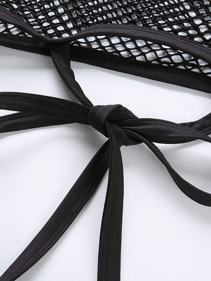 Black Round Neck Tie-up Cropped Mesh See-through Top