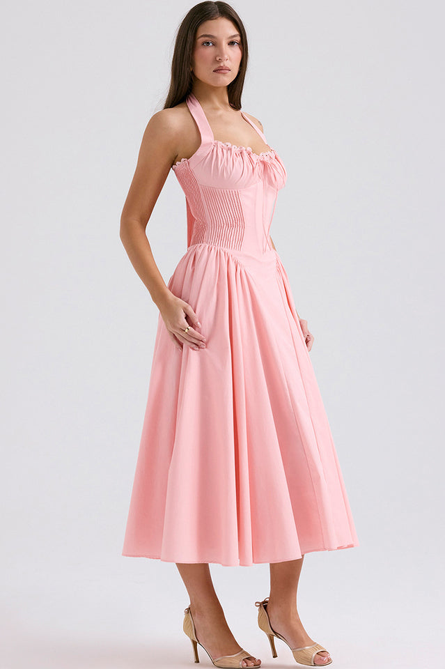 Halter Sweetheart Neck Lace Trim Ditsy Floral Corset Bodice Midi Dress