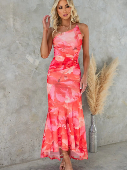 Sloping Shoulders Printed Stretch Tube Top Maxi Dresses
