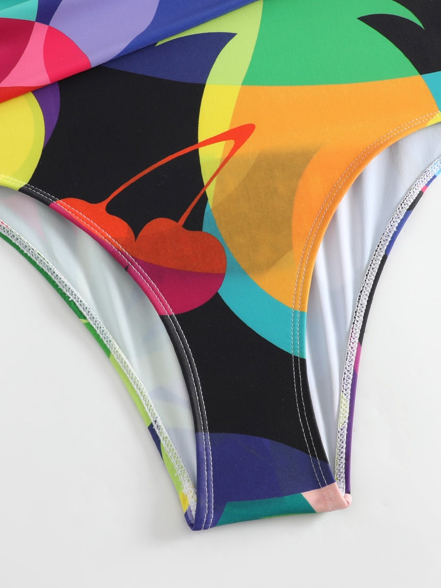 One-piece Swimsuit With Cross-over Print, Revealing Backpack And Hip-revealing Long Skirt (two-piece Set)