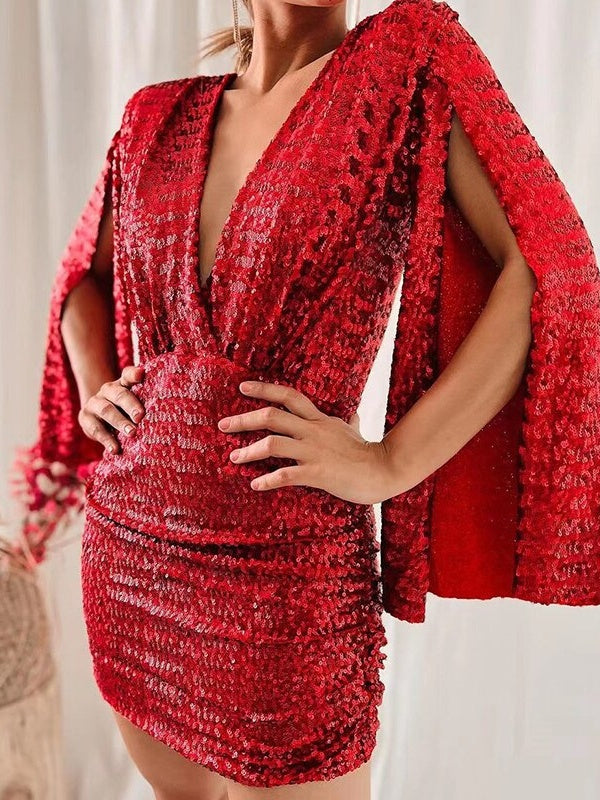 V-neck Bodycon Short Dress With Asymmetrical Hem And Sequins