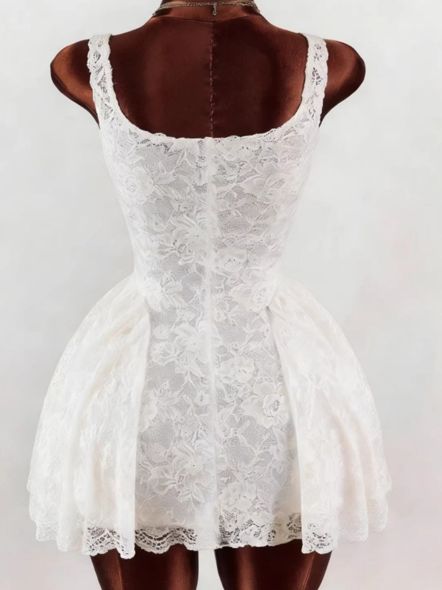 Square Collar Waist Bud Puff Lace Mini&Short Dresses