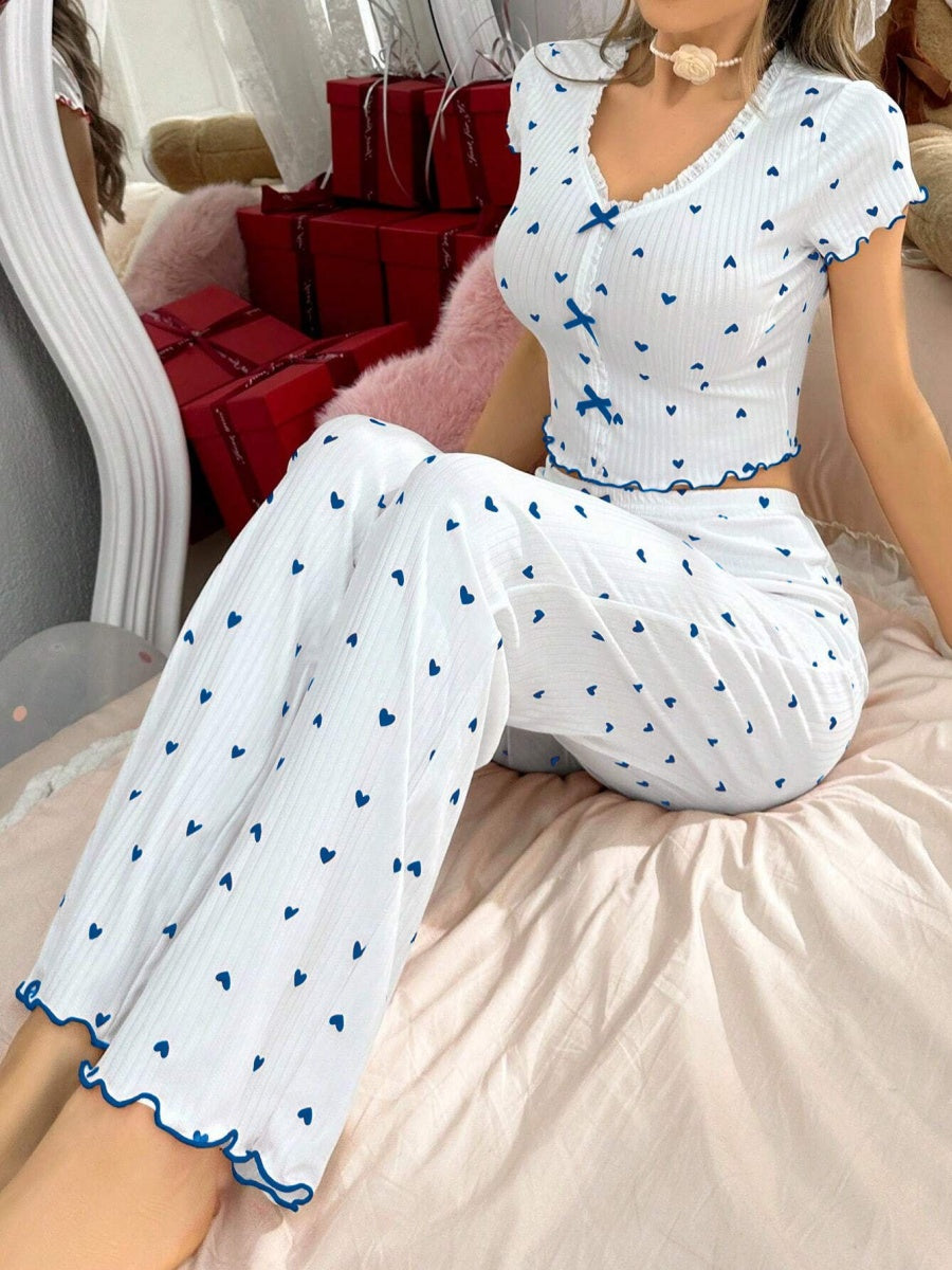 Heart-print Bow V-neck Short-sleeved Trousers Set That Can Be Worn As Loungewear
