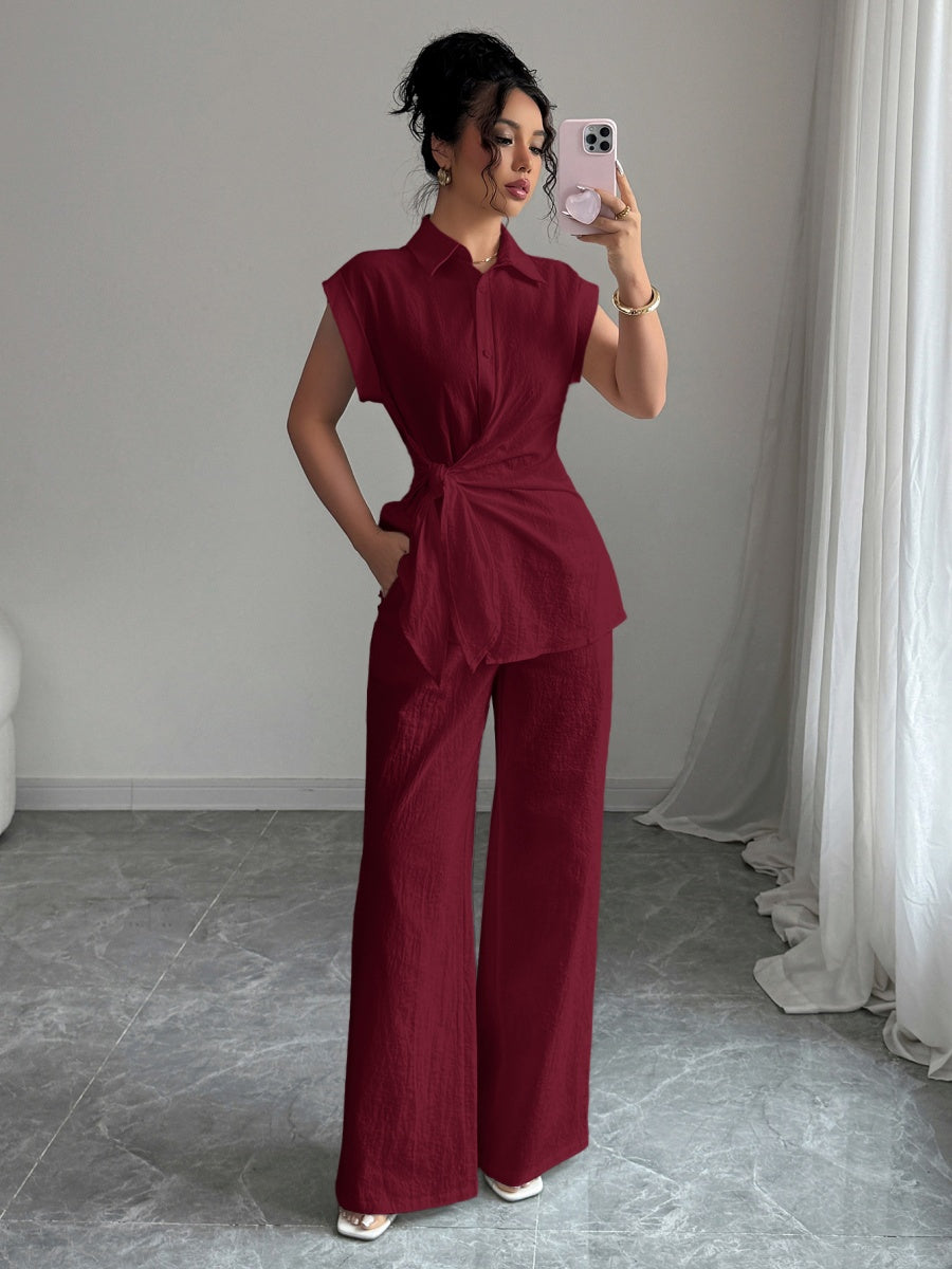 Lapel Sleeveless Kink Shirts Wide-leg Pants Business Suit 2-piece Sets