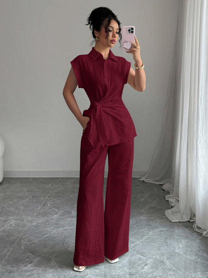 Lapel Sleeveless Kink Shirts Wide-leg Pants Business Suit 2-piece Sets