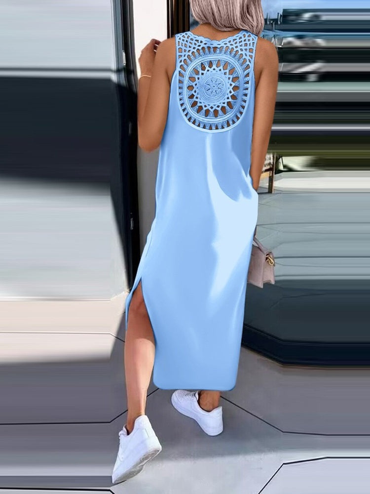 Simple Solid Color Sleeveless Long Dress With Openwork Floral Pattern On The Back
