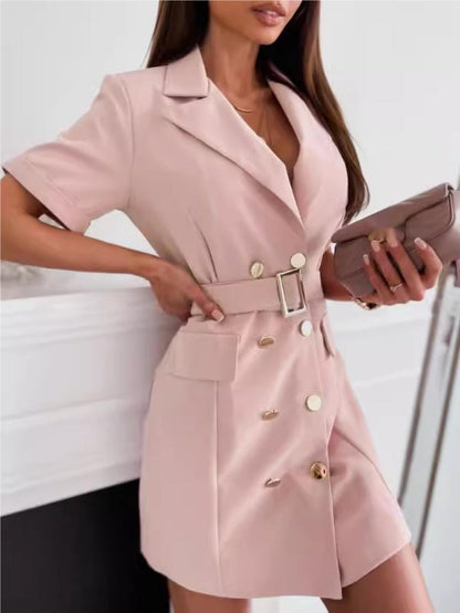 Double-breasted Lapel Belts&Chain Short Sleeve Waist Short Suit Dress