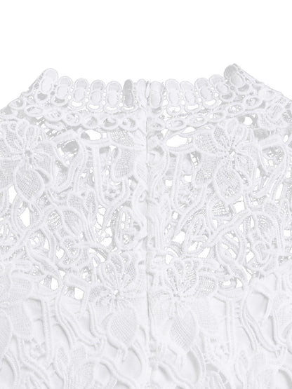 Lace Trim Hollow Short Sleeve Bandage High Waist Wide Leg Jumpsuits