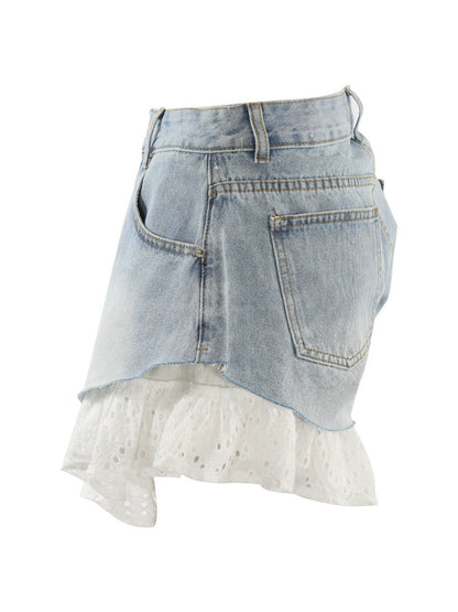 Straight-leg Patchwork Lace Denim Shorts