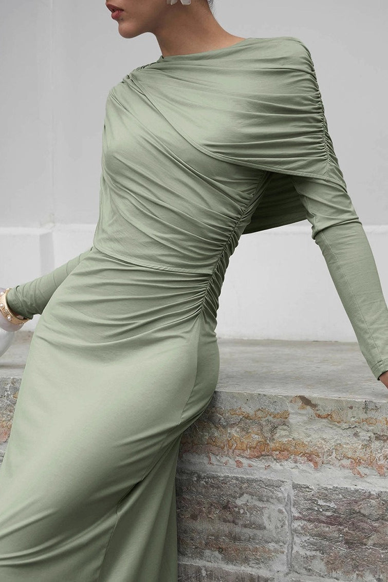 Asymmetric Draped Twist Neck Long Sleeve Side Ruched Bodycon Maxi Dress