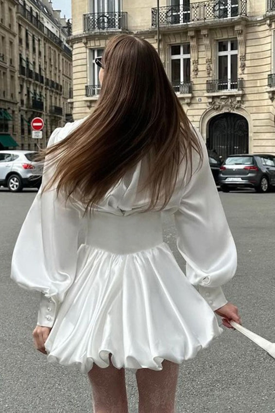 Deep V Neck Puff Sleeve Cinched Waist Bubble Hem Satin Mini Dress